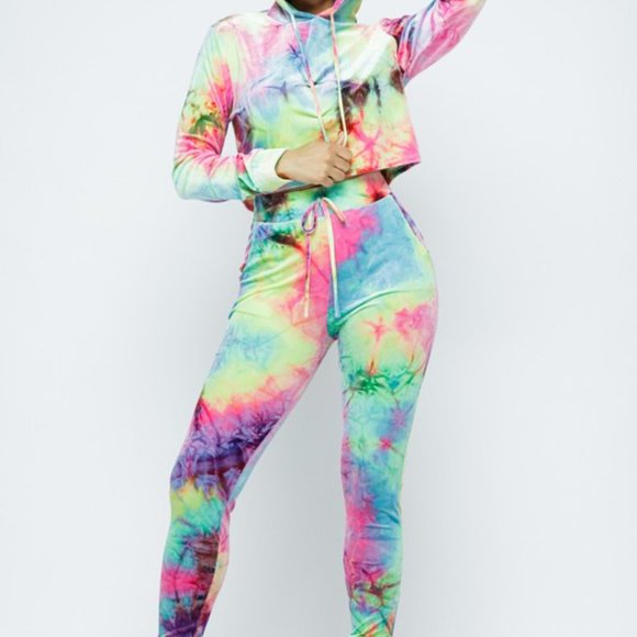 Women's Tie Dye Long Sleeve Crop Hoodie Elastic Waist Leggings -2 Piece Set - Picture 4 of 7